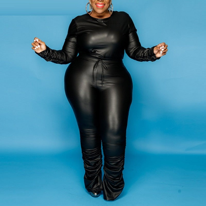 4XL Black Pleated Faux Leather 2 Piece Set O Neck Long sleee Top w/ Pa –  MKWplussize and More