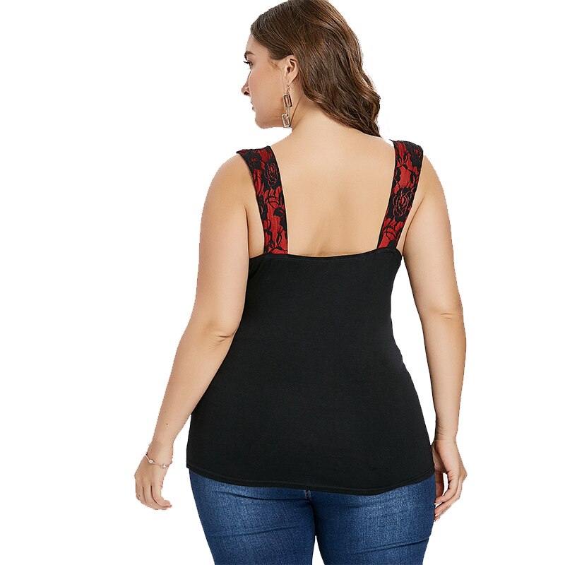 5XL Black Red Floral Lace Fitted Tank Top V Neck Sleeveless Plus Size Women