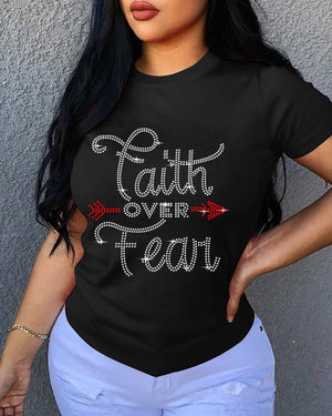 5XL  Variety Faith Bling Letter Black T Shirt O Neck Short Sleeve Plus Size Women