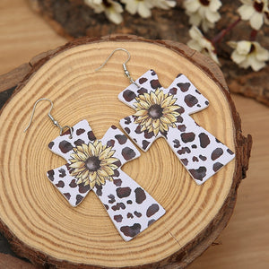Faux Leather Cross Shape Sunflower and Animal Print Drop Earrings