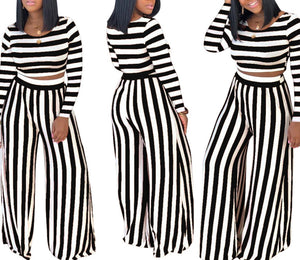 Womens Black & White Stripe 2 Piece Long Sleeve Crop Top w/ Wide Leg Pants