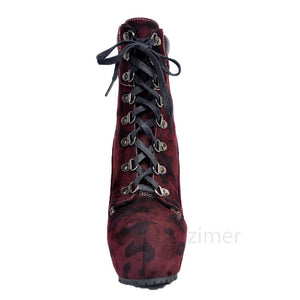 Red Wine Camouflage Print Platform Lace Up Ankle Boots Womens Shoes