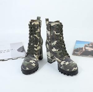 Green Camouflage Print Lace up Chunky Work Boots Womens Shoes