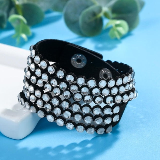 #02 Faux Leather Rhinestone Bracelet Womens Jewelry