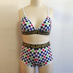 2XL 2 Piece Multi-Color Checkered Swimsuit Plus Size Women