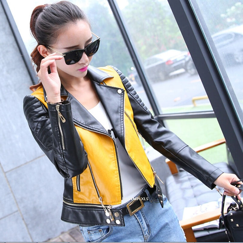 2XL Patchwork Faux Leather Motorcycle Jacket Plus Size Women