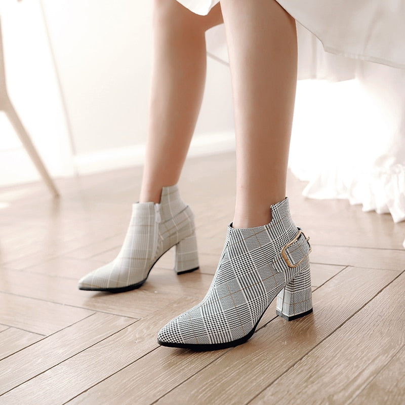 Gray Plaid Asymmetric Ankle Boots Womens Shoes