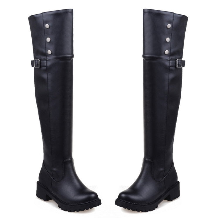 PU Leather Over The Knee Platform Riding Boots w/ Button Rivet Trim Womens Shoes