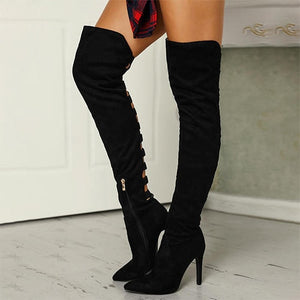 Black Hollow Out Thin Heel Knee High Boots Womens Shoes