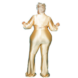 5XL Shimmer Sequince 2 Piece Set Turn Down Collar Long Sleeve w/ Wide Leg Pants Plus Size Women