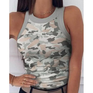 5XL Camouflage Stars or Stripes Print Summer Tank Tops Round Neck Sleeveless Plus Size Women