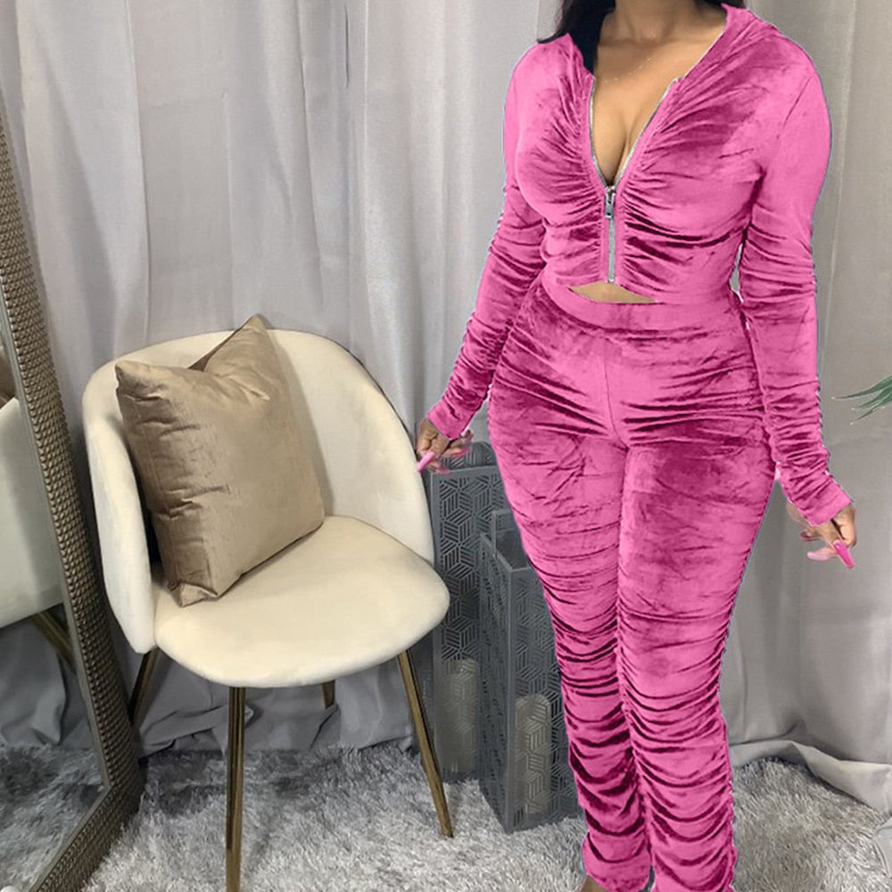 Plus Size Velvet Tracksuit Set With Long Sleeve Hooded Outfit And