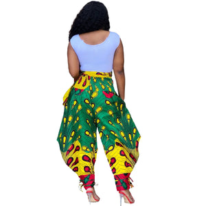 2XL Green & Yellow African Print Harem Pants High Waist Full Length w/ Ankle Bows Plus Size Women