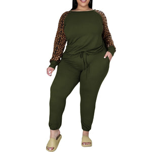 5XL 2 Piece Patchwork Leopard and Solid Print Top w/ Pants Plus Size Women