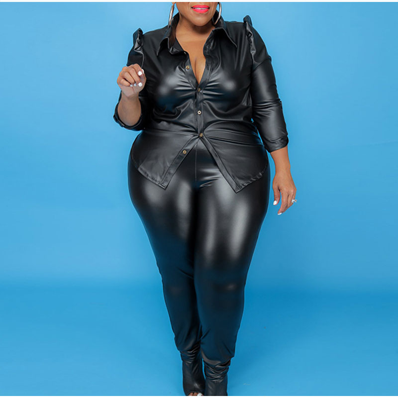 Final Sales Plus Size 2-Piece Faux Leather Long Sleeve Tie Top and Pants  Set in Black - ShopperBoard