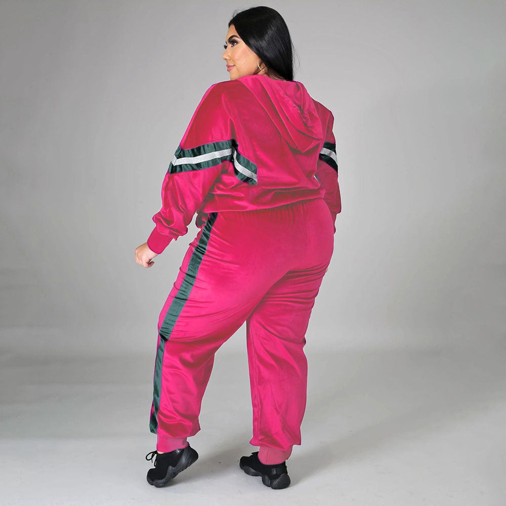 4XL 2 Piece Pink Velvet and Stripes Tracksuit Pullover Hoodie w/ Pants Plus Size Women