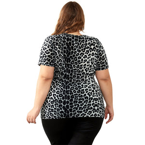 8XL Leopard Print Casual Blouse V Neck Short Sleeve Plus Size Women