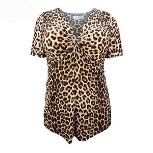 8XL Leopard Print Casual Blouse V Neck Short Sleeve Plus Size Women