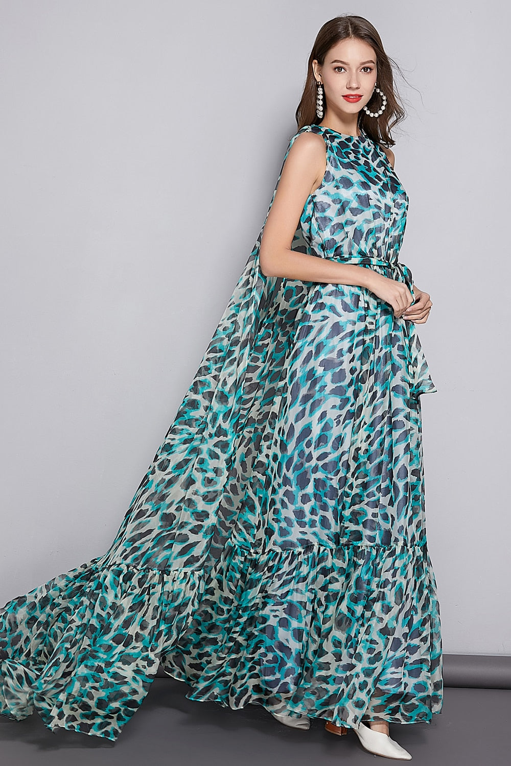2XL BLue Leopard Print Chiffon Dress O Neck Sleeveless Plus Size Women