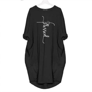 5XL "Blessed" Logo Casual Dress O Neck 3/4 Sleeve Knee Length Plus Size Women