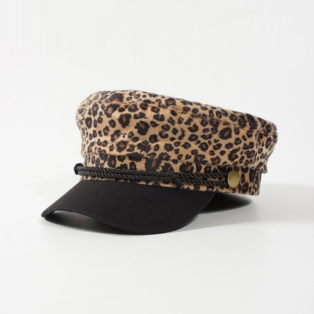 Womens Accessories Leopard Print Military Cap Brown or Gray