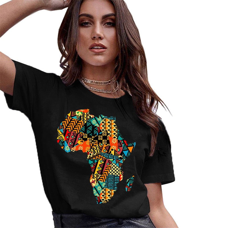 Plus Size Women Variety Africa Print Black T Shirt O Neck Short Sleeve