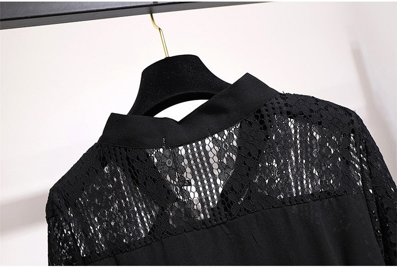 7XL Black Lace & Bow Autumn Dress V Neck Long Bell Sleeve Knee Length Plus Size Women