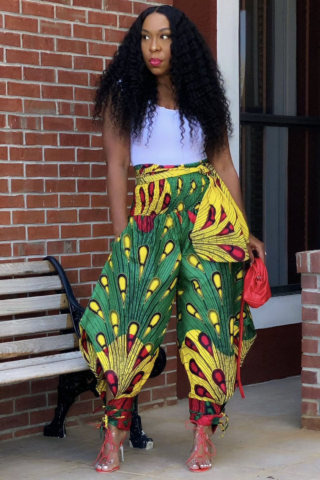 Plus Size Women Green & Yellow African Print Harem Pants High Waist Full Length w/ Ankle Bows