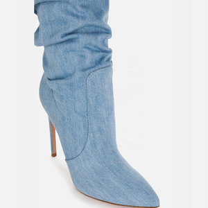 Lace Up Pleated Blue Denim Over the Knee Boots Pointed Toe Thin Heel