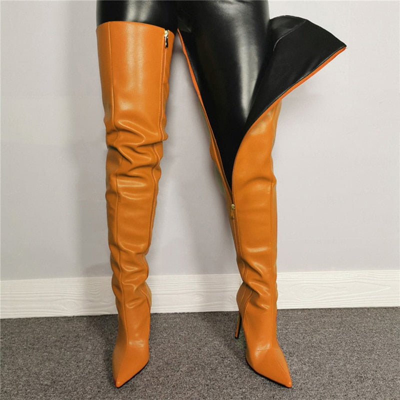 Faux Leather Neon Over the Knee Thin Heel Boots