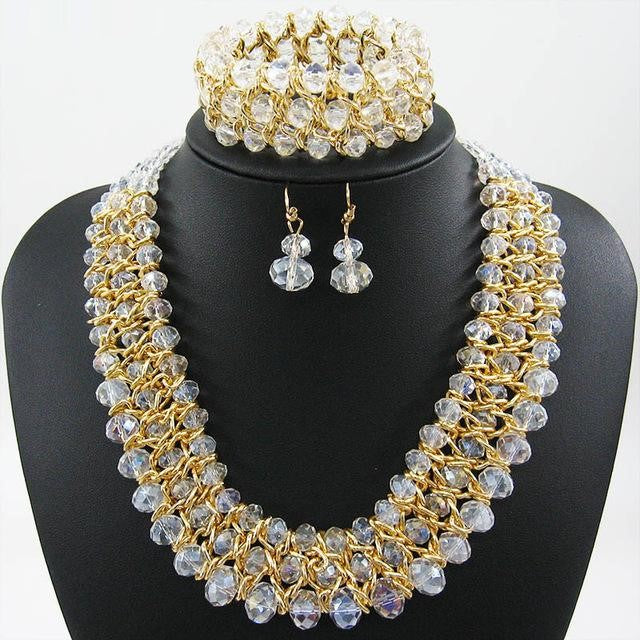Elegant Beaded Crystal Jewelry Set Necklace Bracelet & Earrings Womens Jewelry