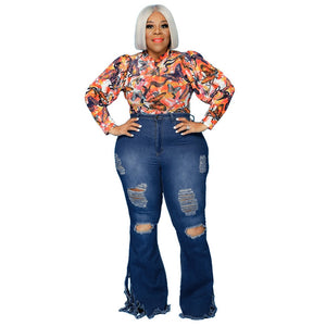 5XL Stretch Ripped Hole Flared Jeans Plus Size Women