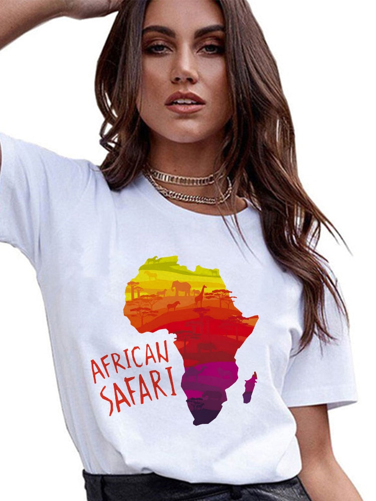 4XL Variety Africa Art Print White T Shirt  O Neck Short Sleeve Plus Size Women