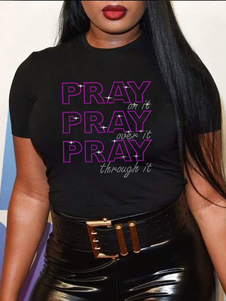 Plus Size Women Variety Faith Bling Letter Black T Shirts O Neck Short Sleeve 