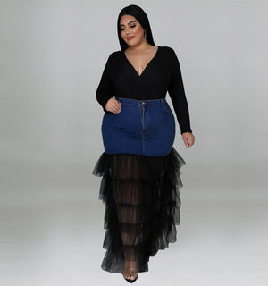 Plus Size Women Patchwork Denim Mesh Layered Skirt Black or Blue