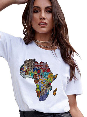 4XL Variety Africa Art Print White T Shirt  O Neck Short Sleeve Plus Size Women