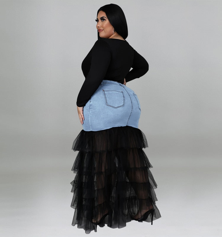 5XL Patchwork Denim Mesh Layered Skirt Plus Size Women Plus Size Women