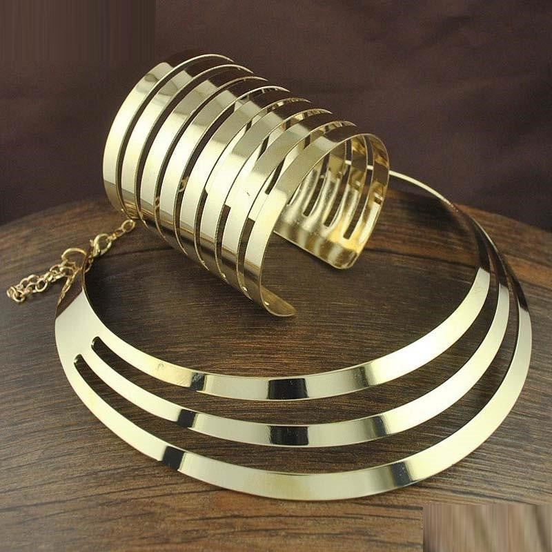 Hollowed Out Torque Necklace & Bangle Cuff Bracelet Women Jewelry