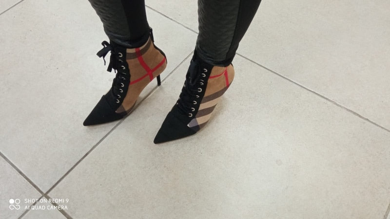 Khaki Plaid Bold Print Thin Heel Lace Up Ankle Boots Women Shoes & Handbags