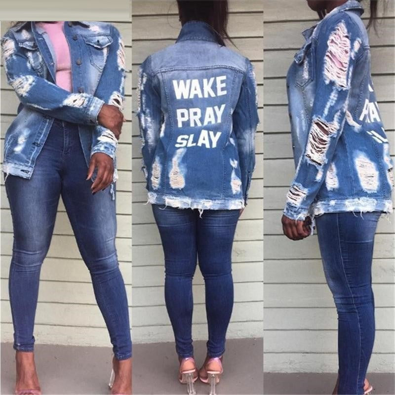 3XL "Wake Pray Slay" Letter Blue Denim Ripped Hole Jacket Plus Size Women