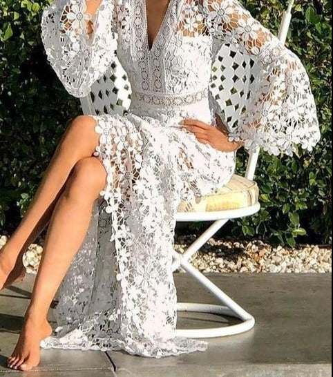 3XL Embroidered Lace Summer Dress V Neck Long Flare Sleeve Long Length Plus Size Women