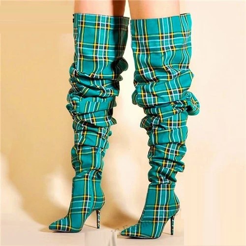 Slouch Pleated Plaid Thin Heal Over the Knee Boots Womens Shoes & Handbags