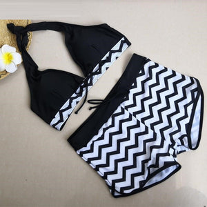 5XL 2 Piece Pastel or Striped Print Swimsuit Halter Bikini w/ Boy Shorts Plus Size Women