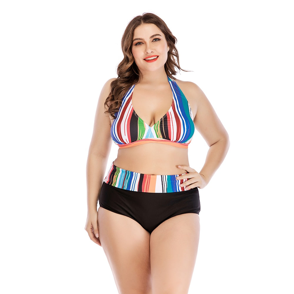 Plus Size 2 Piece Swimsuit Patchwork Rainbow Stripe Halter Bikini