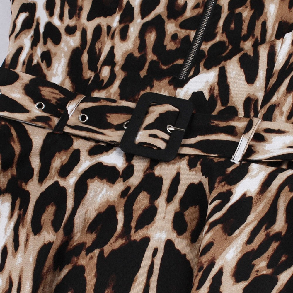 2XL Leopard Print Vintage Swing Dress O Neck 3/4 Sleeve Knee Length Plus Size Women