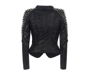6XL Black Faux Leather Biker Jacket w/ Rivet Embellishings Slim Fit Plus Size Women