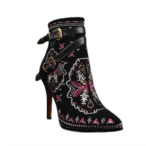 Womens Shoes Black Suede Embroidered Floral Print Ankle Boots w/ Buckle