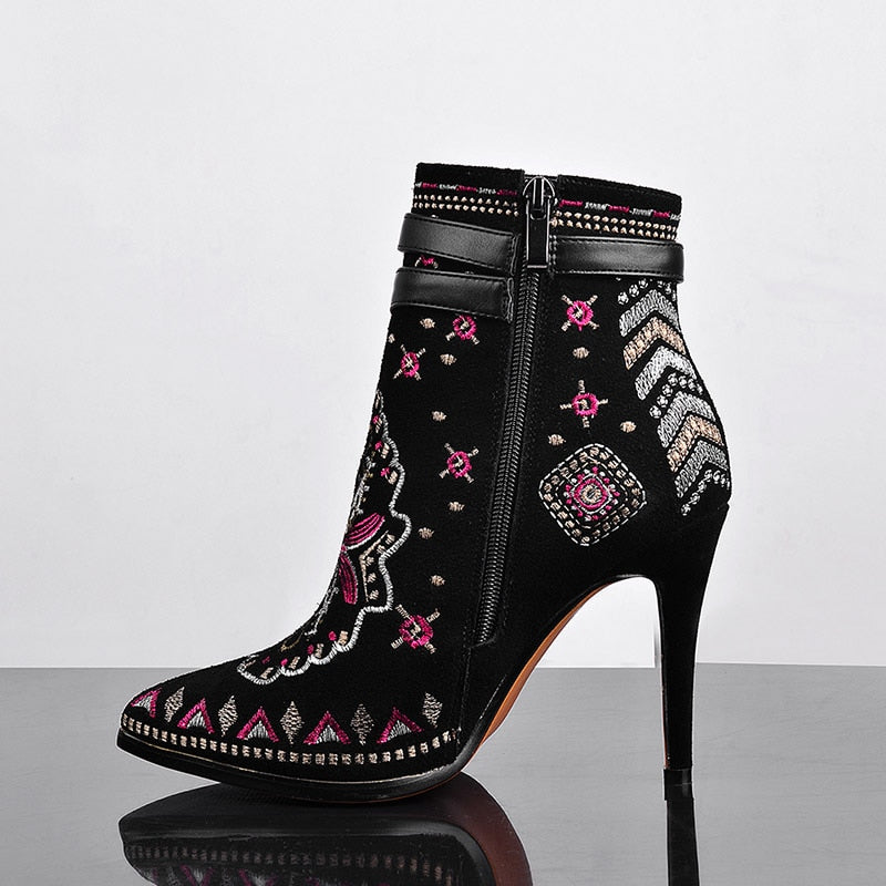 Black Suede Embroidered Floral Print Ankle Boots w/ Buckle Womens Shoes