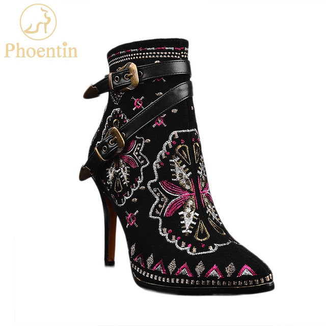 Black Suede Embroidered Floral Print Ankle Boots w/ Buckle Womens Shoes