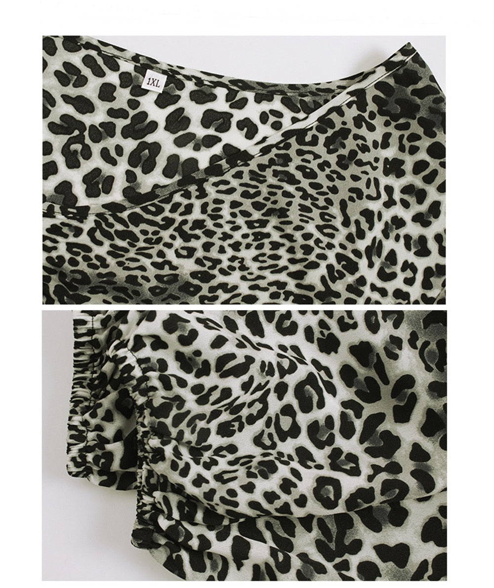 4XL Leopard Print Blouse V Neck w/Bow Long Sleeve Plus Size Women